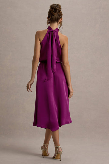 Palonia Pink Satin High-Neck Split Midi Dress